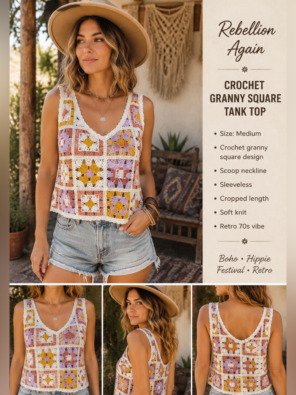 Rebellion Again Crochet Granny Square Tank Top Medium Boho Festival Sweater Vest